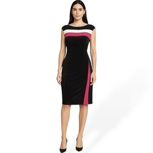 LRL Ralph Lauren Faux Wrap Sheath Dress Size 8 Fitted Colorblock Ruched Cocktail